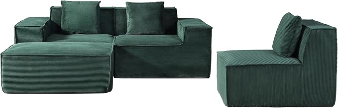 Rowan Convertible Corduroy Sectional Couch with Ottoman & Pillows, Modular L Shaped Sleeper Sofa, Boneless Cloud Couch for Living Room Furniture, Dark Green