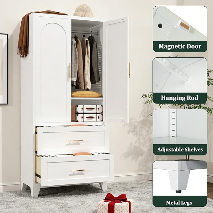 71" Metal Armoire Wardrobe Closet with 2 Drawers, Freestanding Arched 2-Door Tall Clothing Storage with Adjustable Shelves and Hanging Rod for Bedroom Dorm, White
