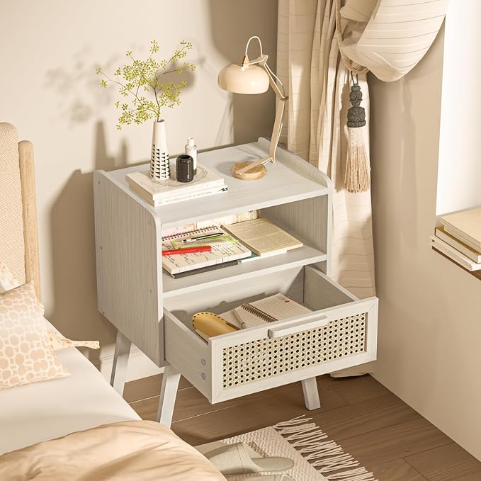 Lerliuo Rattan Nightstand, Side Table with Drawer Open Shelf, Cane Accent Bedside End Table with Solid Wood Legs, Mid Century Modern Night Stand for Bedroom, Dorm and Small Spaces (Grey White) - Image 5
