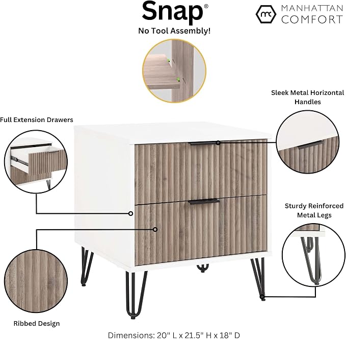 Manhattan Comfort Dumbo Fluted Nightstand with 2 Drawers, Gold Metal Legs and Metal Handles, Tool-Free Assembly Modern Bedside Accent Table with Storage for Bedroom, Living Room in White & Rustic Grey - Image 4