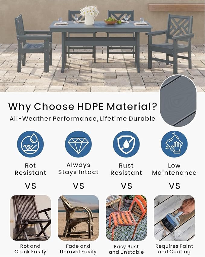 5-Piece Outdoor Dining Set, HDPE All-Weather Patio Table and Chairs Set for 4, Outdoor Patio Furniture Sets with Umbrella Hole for Outside, Deck, Backyard, Garden (Grey) - Image 3