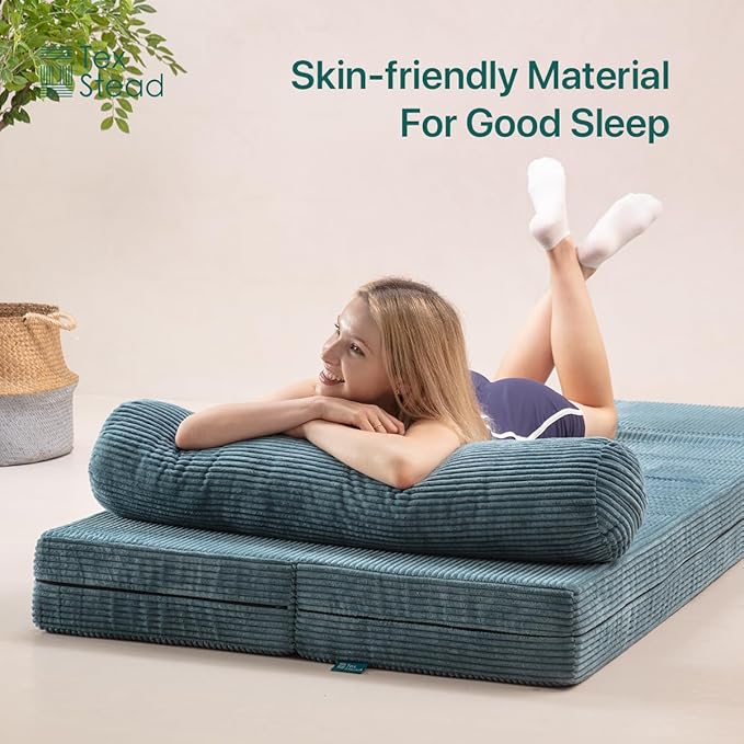 75" Folding Sofa Bed Convertible Futon, Twin Size Sleeper Couch, Washable Velvet Corduroy Cover & High-Density Foam, 2-in-1 Floor Mattress, No Assembly for Living Room/Dorm Blue