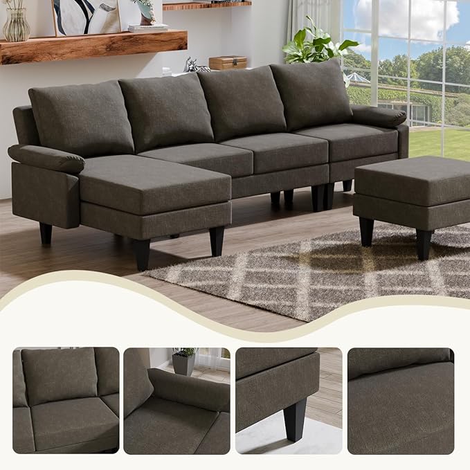 115 Inch Modular Sectional Sofa with Storage Ottoman, Modern L-Shaped Sectional Couch with Chaise, Chenille Couch for Living Room, Apartment or Small Spaces, Brown