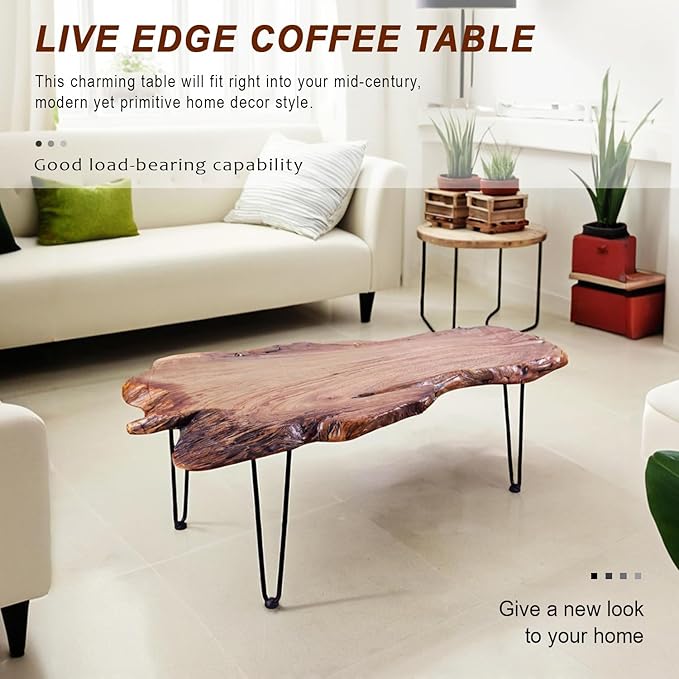 Natural Wood Coffee Table, Unique Live Edge Coffee Table for Living Room