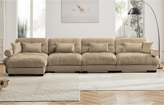 KEIKI 166" L-Shaped Oversized Velvet Modular Sectional Sofa with 1 Ottoman, High-Density Foam Cushions and Bolstered Armrests, Upholstered 4-Seater Cloud Couch with 6 Pillow, for Living Room, Camel