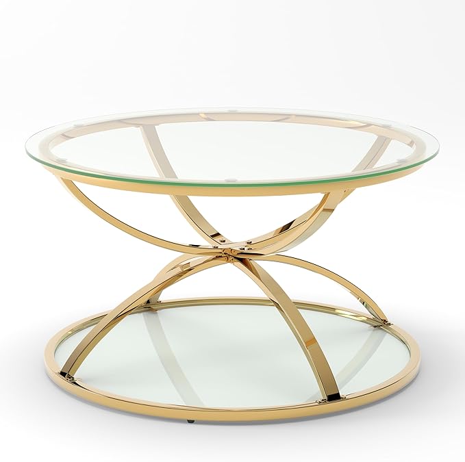32" Tempered Glass Round Coffee Table Modern Gold Frame Dome Base Two Tiers Circle Living Room Center Tables