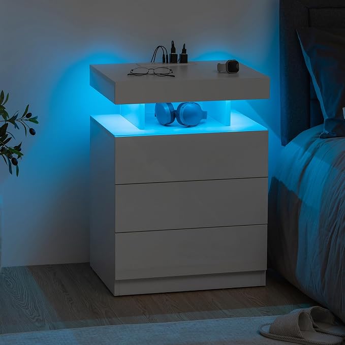 HOMMPA Nightstand with Charging Station and LED Light, Smart Nightstand with USB Port & Wireless Charging, Modern Night Stand with 3 Drawer, White Beside Table with High Gloss Surface for Bedroom - Image 6