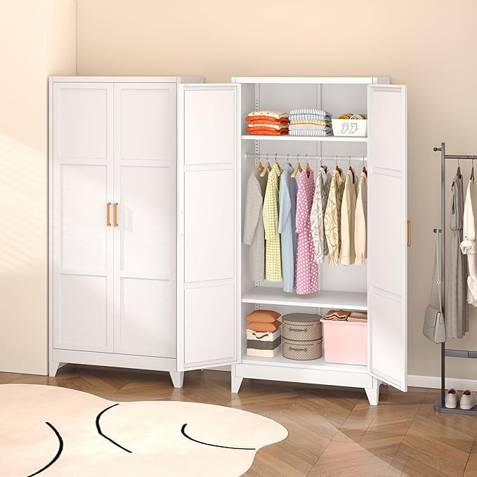 INTERGREAT 71” H Metal Wardrobe Cabinets with 2 Doors, Large Clothing Storage Cabinets with Hanging Rod and Adjustable Shelves, Closet for Home Living/Laundry Room/Department (White)