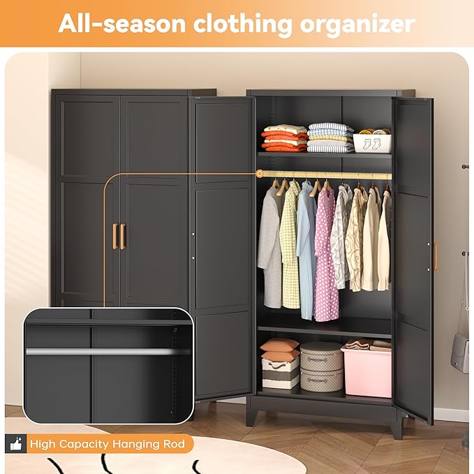 INTERGREAT 71” H Metal Wardrobe Cabinets with 2 Doors, Large Clothing Storage Cabinets with Hanging Rod and Adjustable Shelves, Closet for Home Living/Laundry Room/Department (Black)