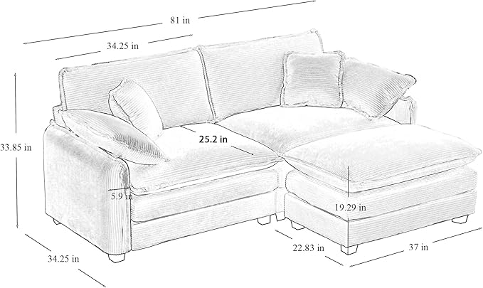 KEIKI 81" L-Shaped Oversized Corduroy Modular Sectional Loveseat Sofa with 1 Ottoman, High-Density Foam Cushions, Removable Armrests, Upholstered 2-Seater Couch with 4 Pillow, for Living Room, Tan