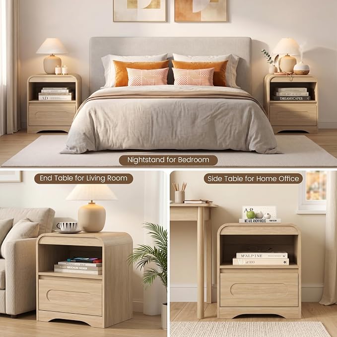 Wood Nightstand Set of 2, Modern Night Stand with Drawers, Oak Nightstand, 22" Bedside Side Table with Open Storage, Curved Corners, Hidden Handle, Night Stands End Table for Bedroom Sofa Couch - Image 8