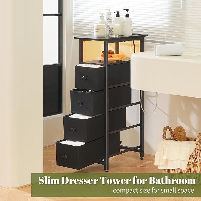 Yoobure LED Narrow Nightstand with Charging Station - Slim Dresser for Bedroom Narrow Side Table Storage Cabinet, Small Dressers Chest of Drawers, Tall Skinny Night Stand End Table for Small Spaces - Image 9