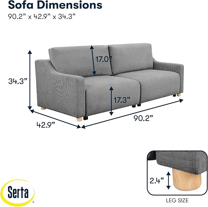 Serta Glendale 90.2" Queen Size Wall-Hugging Convertible Sofa, Dreamcoil Comfort, Chenille Fabric, Grey