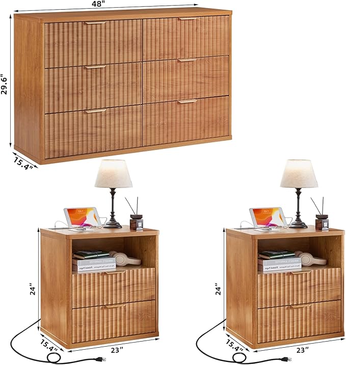 LEYAOYAO 48" Wide Fluted Dresser and 2 Drawers 23" Nightstand Set of 2, Wooden Dresser & Night Stand with Charging Station, 3 Piece Bedroom Furniture Set, Wood Chest of Drawer for Living Room,Brown