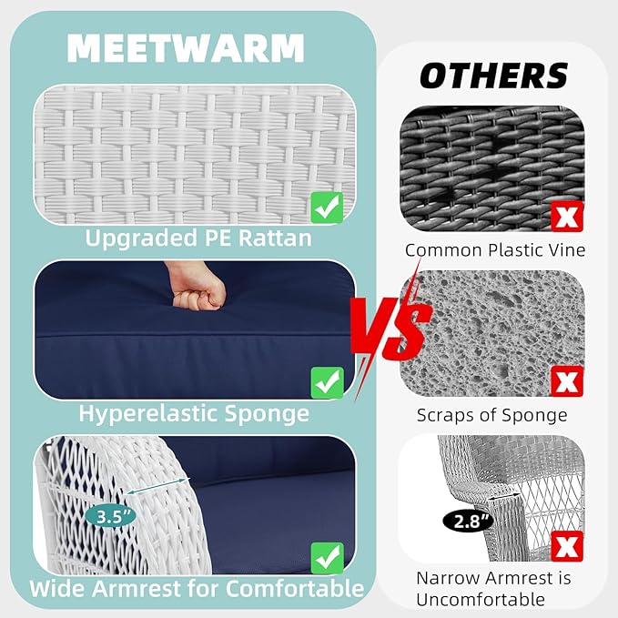 MEETWARM 5 Pieces Outdoor Patio Rattan Furniture Sets, All Weather Patio Wicker Conversation Set - 2 Rocking Swivel Chairs 1 Rattan Loveseat Glider with Cushions, 2 Coffee Table, White Wicker/Navy