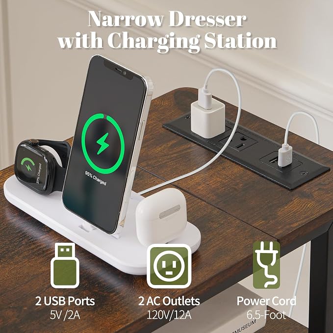 Yoobure LED Narrow Nightstand with Charging Station - Slim Dresser for Bedroom Narrow Side Table Storage Cabinet, Small Dressers Chest of Drawers, Tall Skinny Night Stand End Table for Small Spaces - Image 4