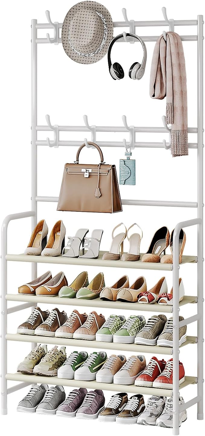 Coat Rack Shoe Rack With Storage Shelf Freestanding with 8 Hooks for Entryway Bedroom Closet (White, 4Tiers) by YIZAIJIA