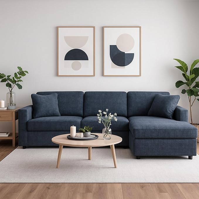 Signature Design by Ashley Modmax Contemporary L-Shaped Modular Stain Resistant 3-Piece Sectional with Chaise, Reversible Cushions and 2 Accent Pillows, Blue