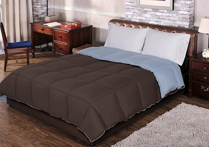 Superior Brushed Microfiber Comforter, Down Alternative Bedding, Medium Weight, Soft Bed Cover, Plush Duvet Insert, Oversized Blanket, Box Quilt, Reversible Comforter, Full/Queen, Choco-Sky Blue