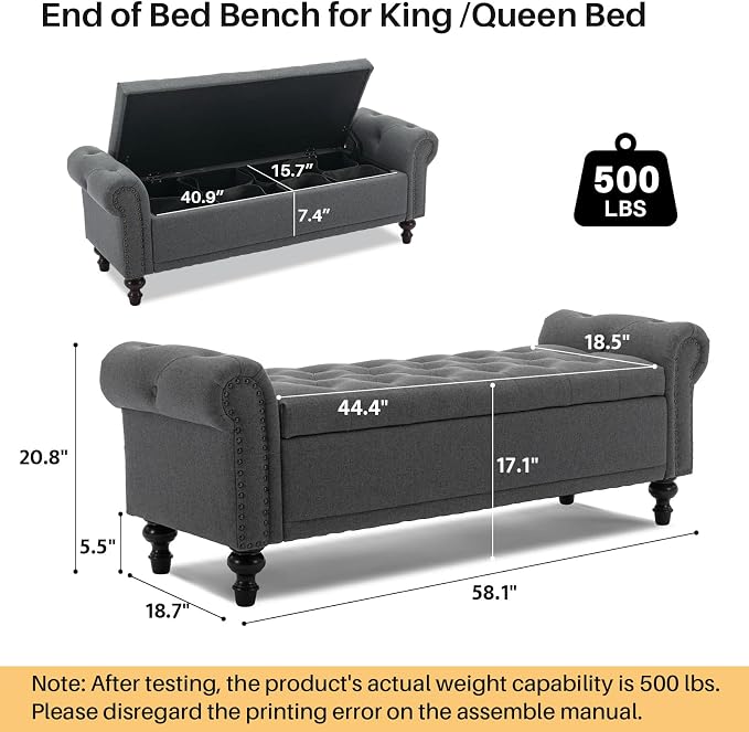 SOFTHION 58.1" Storage Bench Upholstered Linen End of Bedroom Bed Bench Ottoman with Tufted Cushioned Rolled Arm Large Storage Space for Reading Living Room Entryway, Grey - Image 2