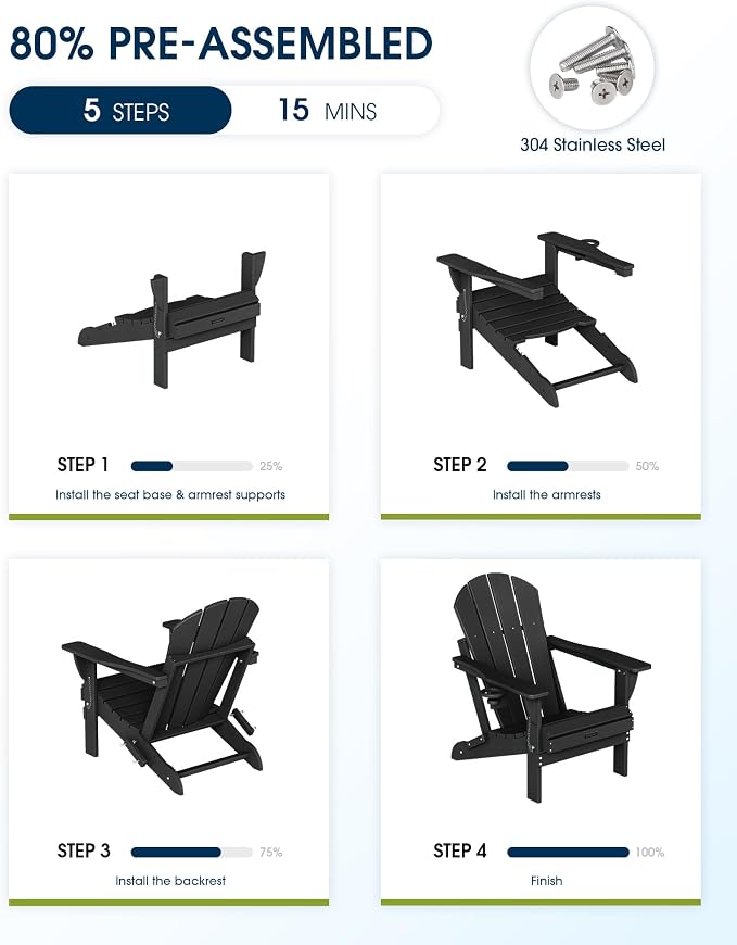 MUCHENGHY Folding Adirondack Chairs Patio Chairs Outdoor Adirondack Chair Weather Resistant Chair for Patio, Outside, Deck, Backyard, Fire Pit Chair, Campfire Chairs (Black) - Image 7