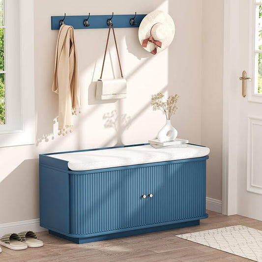Hall Tree with Bench and Shoe Storage, Entryway Bench with Sliding Door Cabinet, Removable Padded, Metal Wall Hooks and Adjustable Storage Compartments, for Entry, Hallway, Living Room, Blue by Unknown