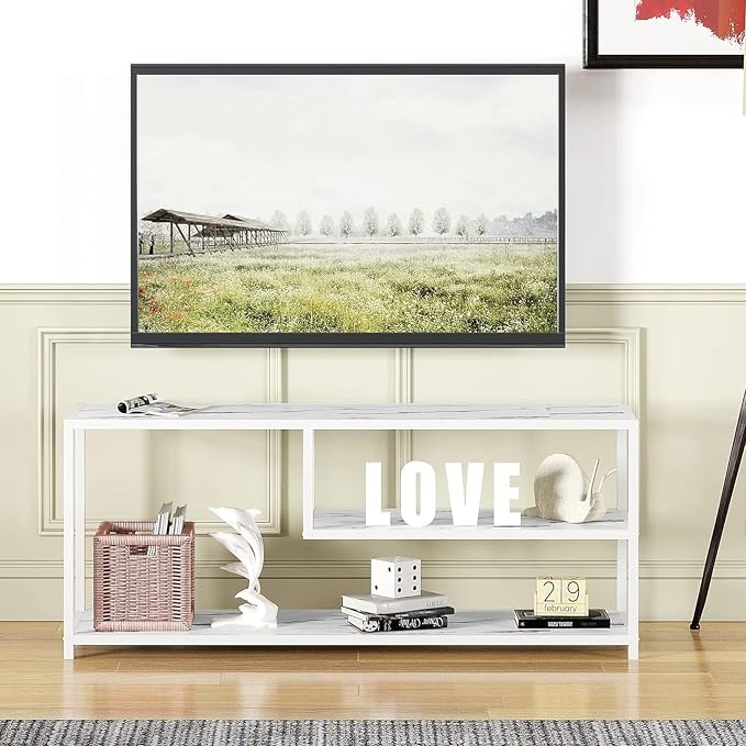 Function Home TV Stand for TVs up to 55 Inch, 3 Tier Entertainment Center, Media Console with Open Storage Shelves for Living Room Bedroom, 47” Modern TV Table with Wood Top White Metal Legs - Image 7