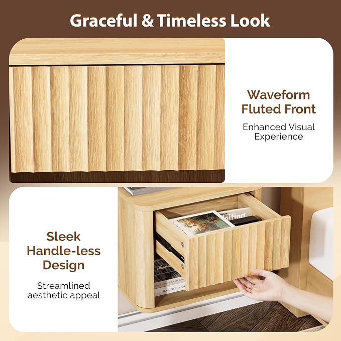 VINGLI Floating Nightstand, Fluted Night Stand Rounded Edge, 1 Drawer Bed Side Table, Storage Oak Nightstand with Drawers, Wood Night Stand End Table for Bedroom, 15.75" W x 11.81" D x12.87 H - Image 4