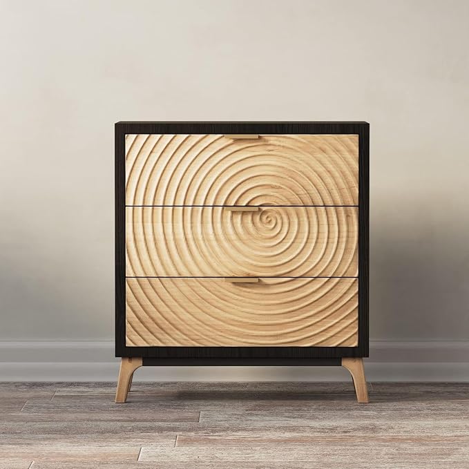 3-Drawer Farmhouse Dresser with Handcrafted Wood Ring Motif, Black Nightstand for Bedroom, Fully-Assembled, Rustic and Morden - Image 8