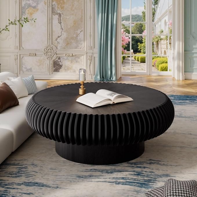 Fluted Drum Coffee Table Round Coffee Table for Living Room Mid Century Modern Coffee Tables with Sturdy Pedestal Circle Center Tea Table Accent Tea Table for Small Space Apartment (31.5" Black)