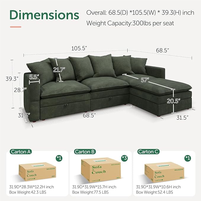 HONBAY Modular Sectional Sofa, 105.5 Inch Corduroy Sectional Couch, 4 Seaters L Shaped Sofa with Storage & Pillows for Living Room, Green
