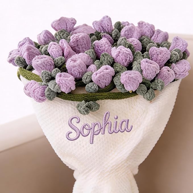 Personalized Handmade Crochet Rose Flower Blanket Bouquet – Custom Name Gift for Mother's Day, Valentine’s Day（Lily of the Valley）
