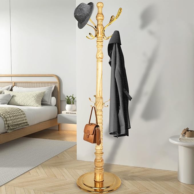 Vintage Coat Rack Free Standing with 14 Metal Hooks, Solid Wood Coat Hanger Stand Adjustable Size, Standing Coat Rack Tree with Sturdy Metal Base for Entryway,Bedroom,Hallway,Office,Apartment - Image 6