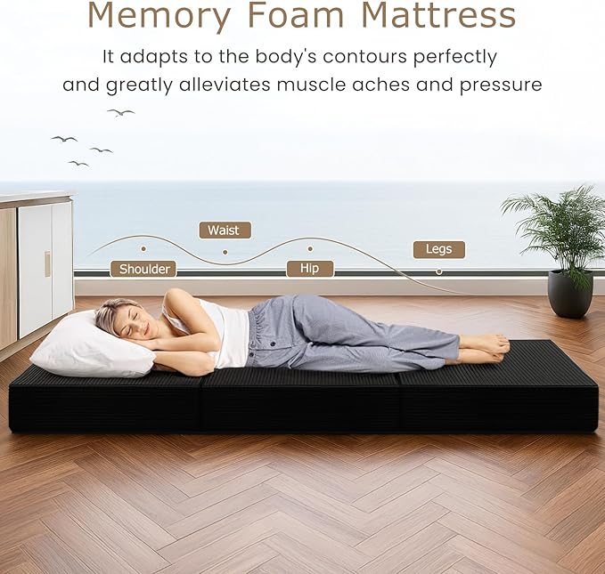 6-Inch Tri-Folding Mattress Full Size - Foldable Futon Sofa Bed with Removable Washable Cover, Folding Mattress | Non-Slip Bottom & Carry Handles for Guest, Camping, Dorm