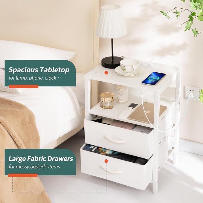 Yoobure Nightstand with Charging Station, LED Night Stand with Fabric Drawers and Storage Shelf for Bedroom, Nightstands Bedside Tables with USB Ports & Outlets, Small Night Stands, Bed Side Table - Image 6