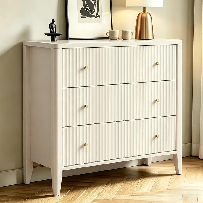 Fatmok Fluted 3 Drawer Dresser for Bedroom, 34" Wide Chest of Drawers, Modern Wood Nightstand End Table with Metal Handles, Striped Storage Cabinet for Living Room, Hallway, Entryway, Alabaster White by Fatmok