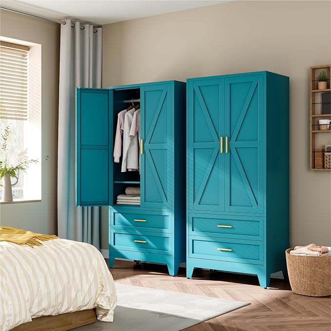 Metal Wardrobe Cabinet, 71" Tall Armoire Wardrobe Closet with 2 Drawers, Hanging Rod and Adjustable Shelf, Farmhouse Clothing Storage Cabinet for Bedroom, Laundry