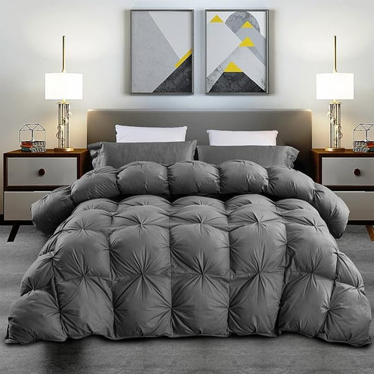 Luxurious Oversized California King Goose Down Comforter, 108 X 98 inches, Unique Gray Pinch Pleat, 600 Thread Count, 100% Egyptian Cotton Cover, 80 Oz Fill Weight, 750 Fill Power
