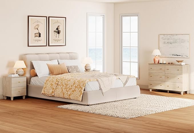WAMPAT Dresser and Nightstand Set for Bedroom, 47.2 Inches Wood Dresser with 6 Drawers, 1 Piece Nightstand with Charging Station, Chest of Drawers and Bedside Table Set, Light Oak