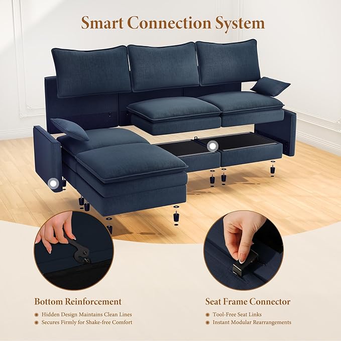 Vesgantti 108" U Shaped Sectional Couch, Deep Seat Cloud Modular Sectional Sofa with 2 Ottoman, Modern Chenille Cloud Sofa Height Adjustable for Living Room, Bedroom and Apartment, Blue