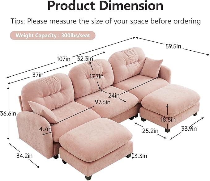 KEIKI 107" U-Shaped Oversized Chenille Modular Sectional Sofa with 2 Ottoman, High-Density Foam Cushions, Tufted Pleated Cushion Backrest, Modern 3-Seater Couch with 2 Pillow, for Living Room, Pink