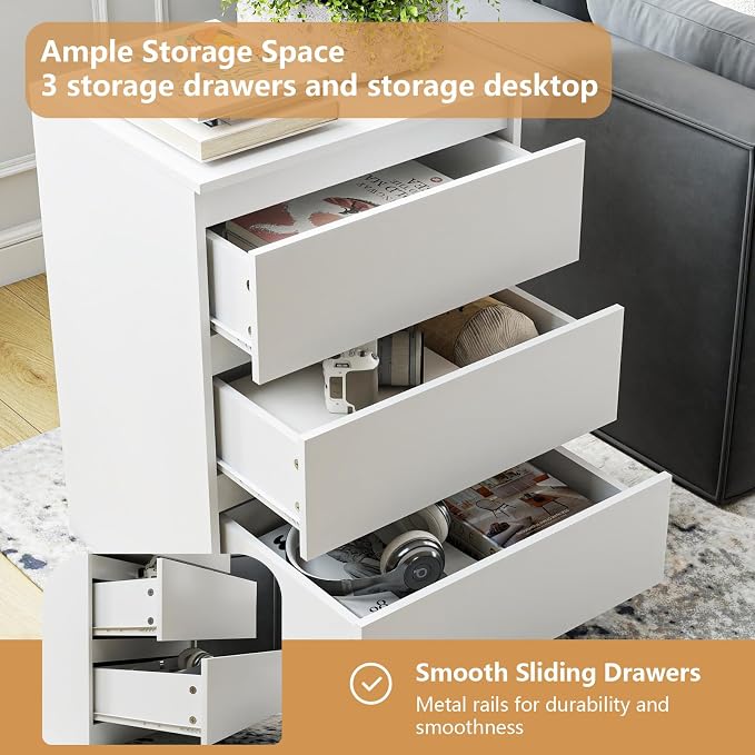 3 Drawer Nightstand Set of 2, Modern Bedside Table with Storage, Wooden End Side Tables with Drawers for Bedroom, Hallway, White - Image 4