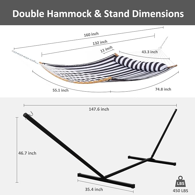 SUNCREAT Hammocks Extra Large Hammock with Stand Included, Double Hammock with Curved Spreader Bar, Black Stripes - Image 6