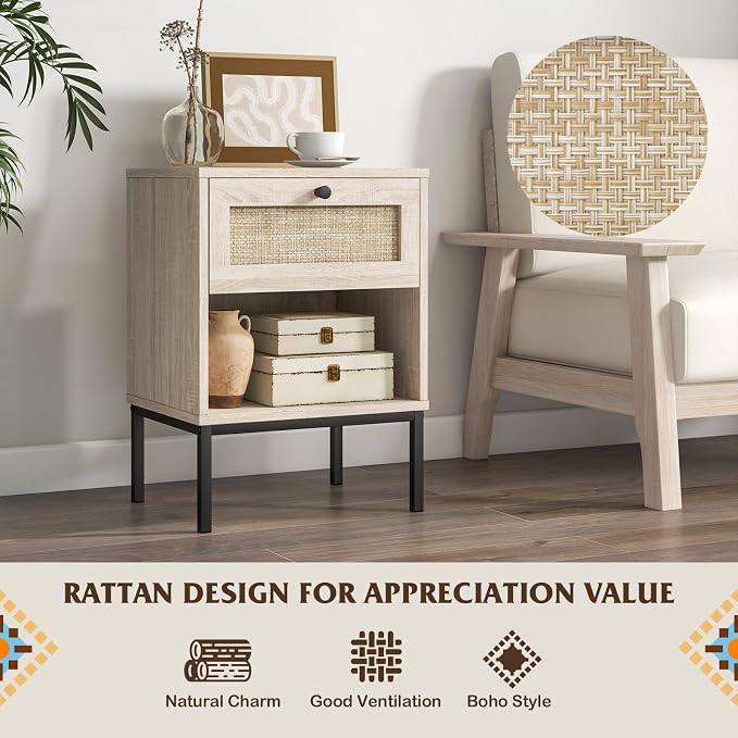 Giantex Rattan Nightstand with Drawer, Boho Side Table with 4 Metal Legs and Open Storage Shelf, Farmhouse Wood Night Stand for Small Spaces, 2 Tier Bedside Table for Bedroom Office, Oak - Image 6