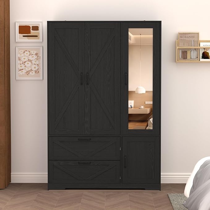 Armoire Wardrobe Closet, 72'' Wardrobe Cabinet with 2 Drawers & Mirror, 3 Doors Bedroom Clothes Closet with Hanging Rod & Built-in Light, Wooden Wardrobe Cabinet with Adjustable Shelf for Bedroom