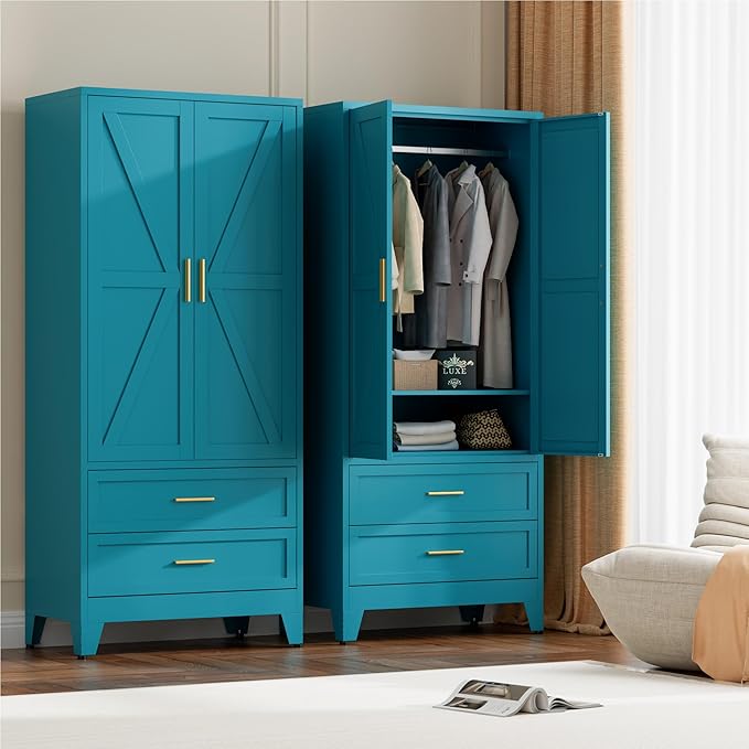 LCAOPC 71" Tall Metal Wardrobe Cabinet with 2 Drawers and Hanging Rod, 2 Doors Armoire Wardrobe Closet with Shelf for Bedroom, Office, Laundry Room, Blue