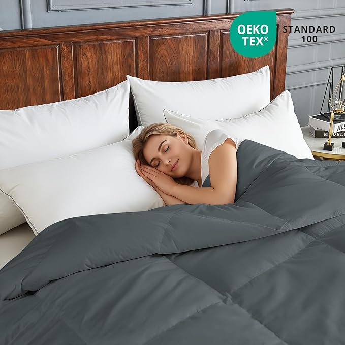 Goose Feather Comforter Queen Size, Duvet Insert All Season Queen, Bed Comforter Quilted Hotel Luxury Fluffy 100% Cotton Blanket with 8 Corner Tabs, 90 x 90 Inch, Grey, Machine Washable