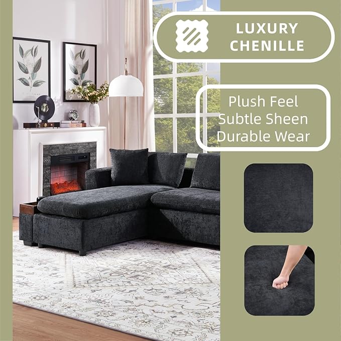93.7" L-Shaped Sectional Sofa with Storage Chaise, Modern Couch for Living Room, Chenille Upholstered Couch with Deep Seats & Throw Pillows, Modern Corner Sofa for Living Room, Black