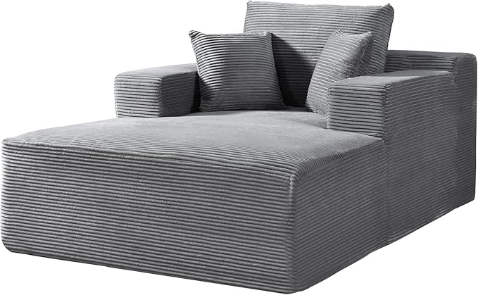 Monroe Convertible Chaise Lounge Chair Indoor – Oversized Corduroy Couch with Wide Armrest & Throw Pillows, Cozy Boneless Sleeper Sofa Bed Armchair, Dark Grey