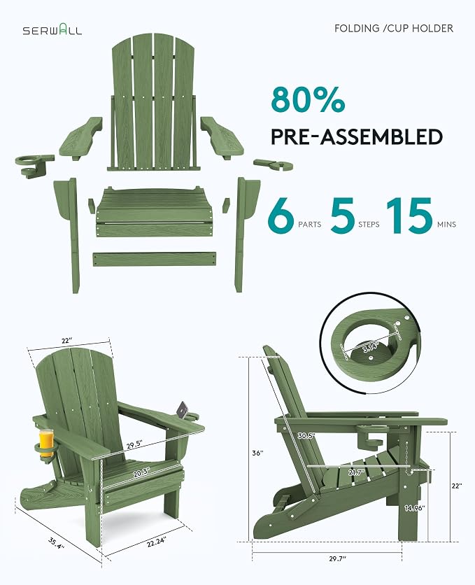 SERWALL Adirondack Chair with Cup Holders - Composite Adirondack Chairs HDPE Outdoor Chairs All Weather Use- Avocado - Image 3